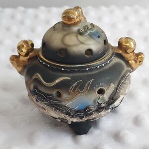 Vintage Porcelain Dragonware Moriage Incense Burner With Gold Puppy Handles Chip